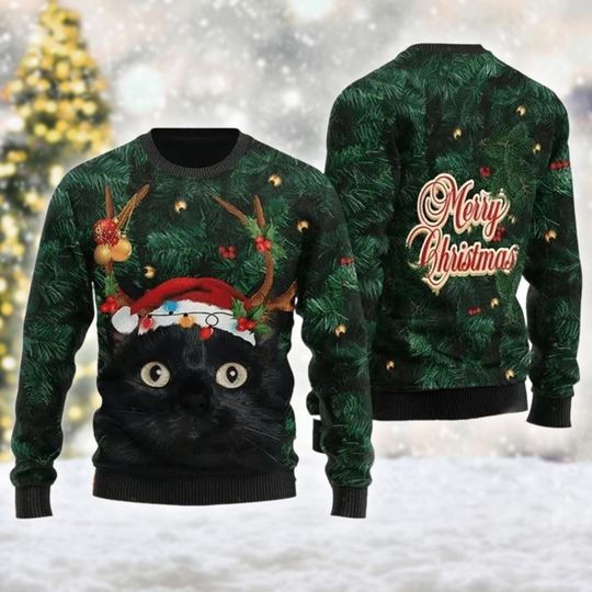 Merry Christmas Black Cat Ugly Christmas Sweater, Cat Christmas Sweatshirt, Black Cat Xmas Holiday Shirt, Christmas Gift For Men Women Kid
