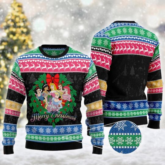 Princess Christmas Ugly Sweater, Elsa Snow White Belle Aurora Christmas Sweatshirt, Princess Character Xmas Holiday Shirt, Magic Kingdom Tee