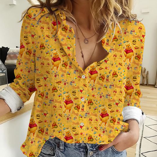 Winnie The Pooh 3D All Over Print Women Casual Shirt, Pooh Women Blouses, Pooh Linen Shirt, Pooh Casual Long Sleeve Button Down Shirt