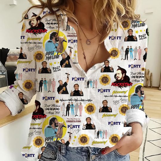 Post Malone 3D All Over Print Women Casual Shirt, Post Malone Women Blouses, Post Malone Linen Shirt, Casual Long Sleeve Button Down Shirt