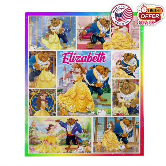 Disney Beauty And The Beast Velvet Blanket, Custom Name Belle Princess And The Beast Blanket, Christmas Blanket, Birthday Gifts