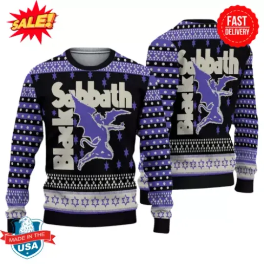 Black Sabbath Mascot Henry Knitted Black And Purple Fans Gift Ugly Sweater