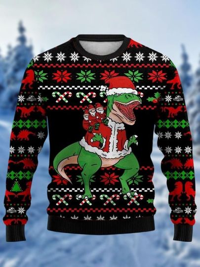 Dinosaur Ugly Christmas Sweater, Dinosaurs Santa Hat Sweater, Three Santa Clauses Riding Dinosaurs, Ugly Animal Xmas Sweatshirt