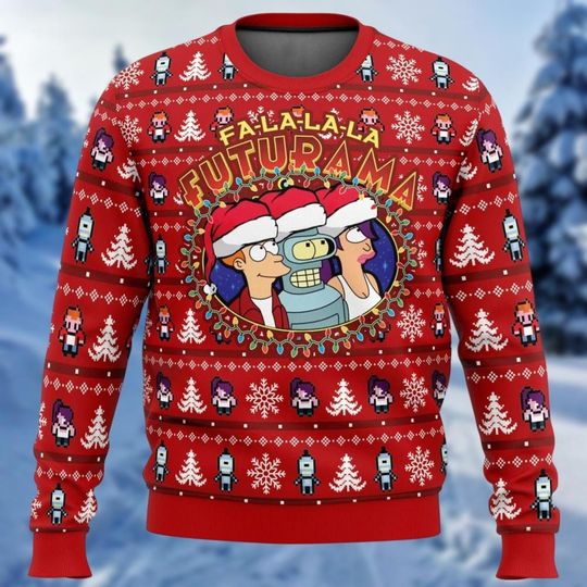Fa-La-La-La Futurama Ugly Christmas Sweater, Futurama Sitcom Xmas Sweatshirt, Leela Bender Philip J. Fry Character Santa Hat, Gift For