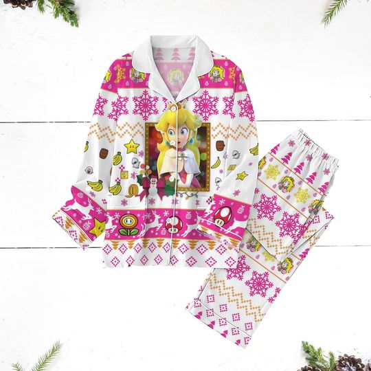 Peach Princess Pajamas Set, Super Mario Xmas Pajamas, Mario Characters Pajamas, Video Game Pajamas, Mario Family Christmas Pajamas