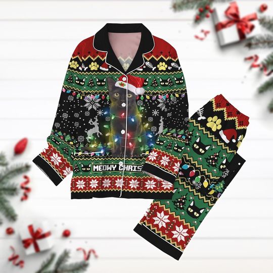 Christmas Black Cat Pajamas Set, Merry Catmas Holiday Pajamas, Cat Lover Gift, Santa Cat Christmas Lights Pyjamas, Funny Animal Pjs