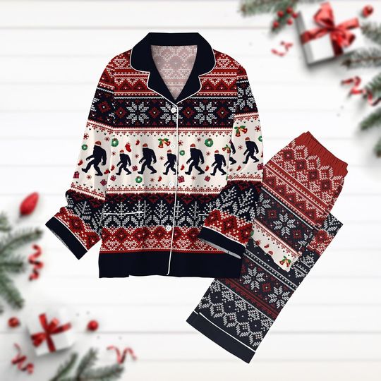 Santa Bigfoot Christmas Pajamas, Sasquatch Holiday Pajamas, Winter Season Pyjamas, Long Sleeve Pajamas, Animal Lover Gift, Camper Lover