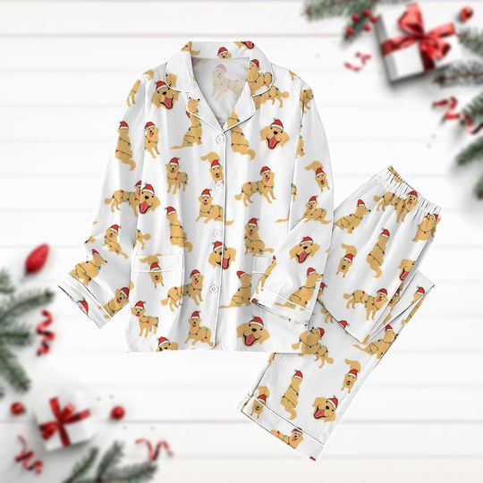 Christmas Golden Retriever Pajamas Set, Xmas Dog Shirt, Dog Lover Gift, New Year Shirt, Pet Lover Holiday Pajamas, Santa Retriever Tee