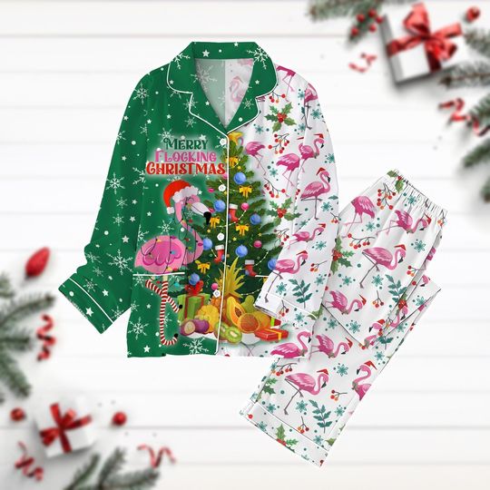 Merry Flocking Pajamas Set, Christmas Flamingo Holiday Pajamas, Animal Lover Gift, Long Sleeve Pyjamas, Womens Pajamas, Winter Season