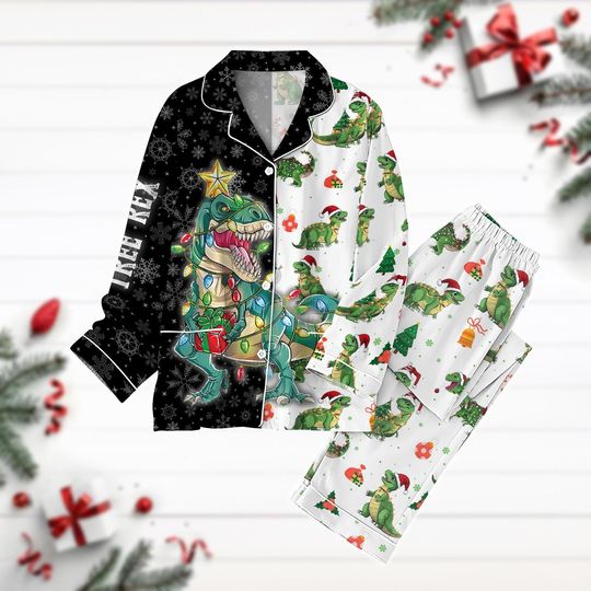 Christmas Dinosaur Light Pajamas Set, Tree Rex Shirt, T-Rex Holiday Pajamas, Animal Lover Gift, Santa T-Rex Pj Set Pants, Xmas Party