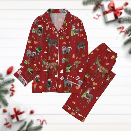 Christmas Donkey Pajamas Set, Farm Donkey Xmas Shirt, Donkey Lover Gift, Cute Animal Pjs, Christmas Pattern Shirt, Long Sleeve Pyjamas
