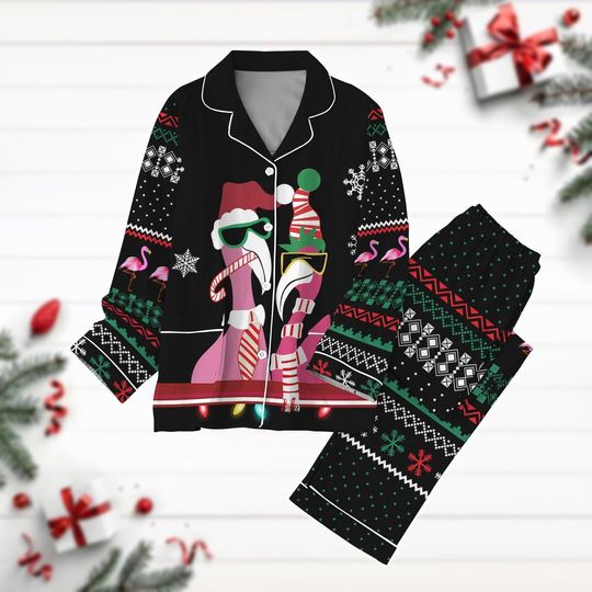 Christmas Flamingo Pajamas Set, Santa Flamingo Holiday Pajamas,  Womens Pajamas, Long Sleeve Pyjamas, Animal Lover Gift, Xmas Shirt