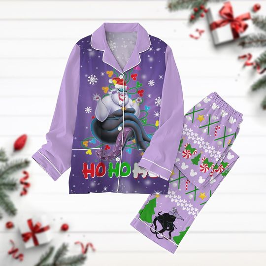 Christmas Ursula Pajamas Set, Disney Villains Xmas Lights Shirt, The Little Mermaid Pyjamas, Santa Ursula Tee, Disneyland Trip Gift