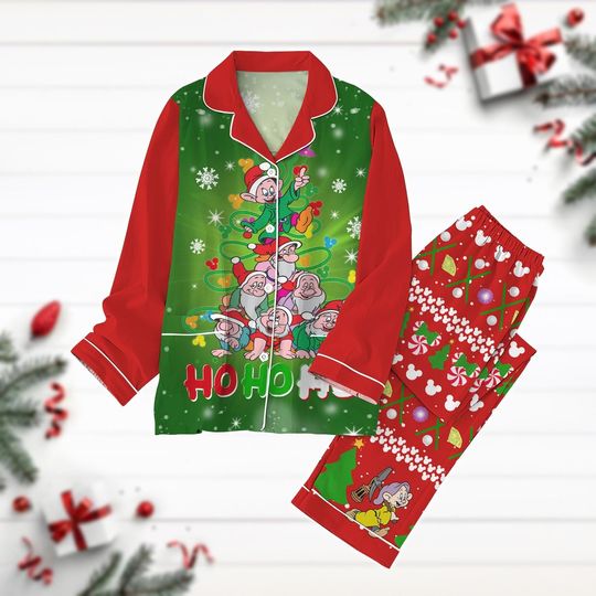 Christmas Seven Dwarfs Pajamas Set, 7 Dwarfs Snow White Shirt, Disney Christmas Lights Pj Set, Xmas Holiday Party Gift, Set Of Pajamas