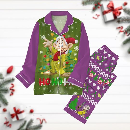 Christmas Dopey Dwarfs Pajamas Set, Snow White And Seven Dwarfs Holiday Shirt, Funny Xmas Tree Light Shirt, Magic Kingdom Trip