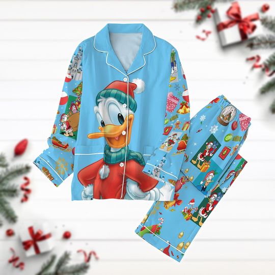 Christmas Donald Duck Pajamas Set, Disney Cartoon Movie Pajamas Pants, Donald Santa Hat Xmas Shirt, Holiday Pajamas, Pjs For Women