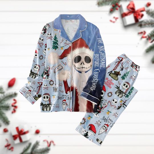 Santa Claus Jack Skellington Pajamas Set, Nightmare Before Christmas, Long Sleeve Pyjamas, Disney Christmas Party Gift, Holiday Pajamas