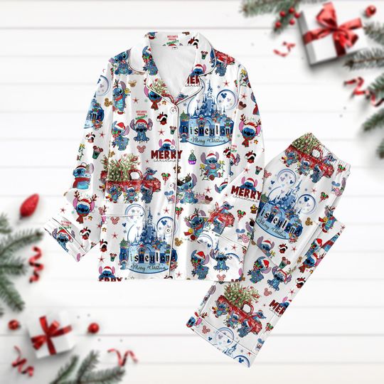 Christmas Stitch Pajamas, Disneyland Holiday Pajamas, Lilo And Stitch Pjs Christmas, Long Sleeve Pyjamas, Disney Cartoon Movie Pj Set