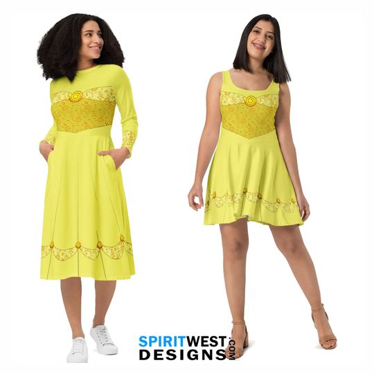 Princess Costume Belle Dress Beauty Beast Skater Flare Long Sleeve Pocket Midi Dress Running Dance Halloween Cosplay
