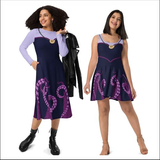 Ursula Costume Sea Witch Villain Dress Skater Long Sleeve Pocket Midi Purple Octopus Running Dance Halloween Cosplay