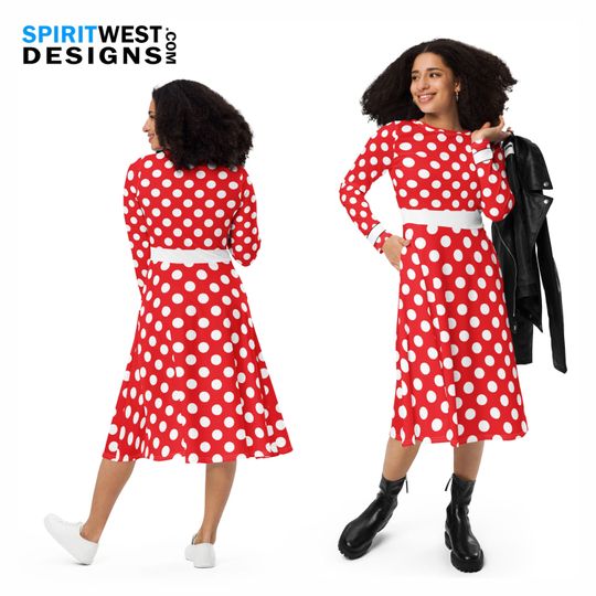 Polka dot Costume Long Sleeve Pocket Dress Skater Fitted Bodycon Dress Mouse Cosplay Halloween Dance Running Mother's Day Gift