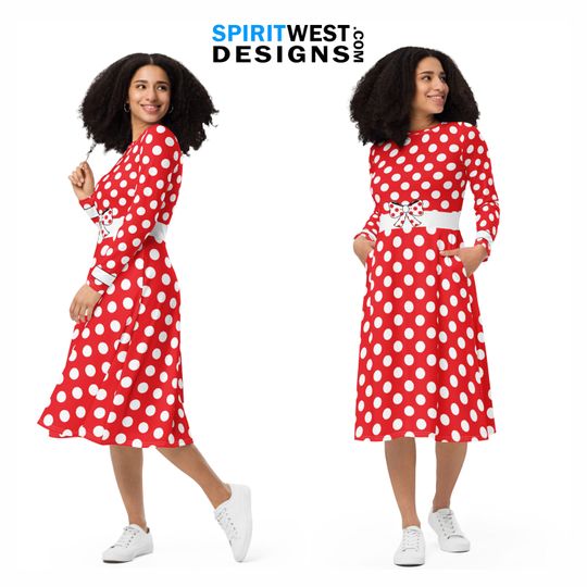 Mouse Costume Long Sleeve Pocket Dress Skater Fitted Bodycon Dress Cosplay Halloween Dance Red Polka Dot Mother's Day Gift