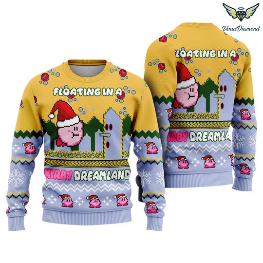 Kirby Video Game Ugly Christmas Sweatshirt | Pink Kirby Ugly Sweater | Floating In A Kirby Dreamland Ugly Xmas Sweatshirt