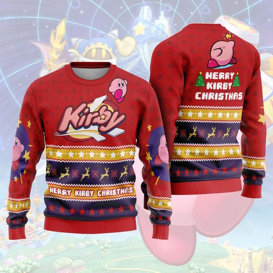 Kirby Ugly Christmas Sweater, Pink Kirby Ugly Sweatshirt, Merry Kirby Christmas Sweater, Kirby Video Game Christmas Sweatshirt, Xmas Gifts