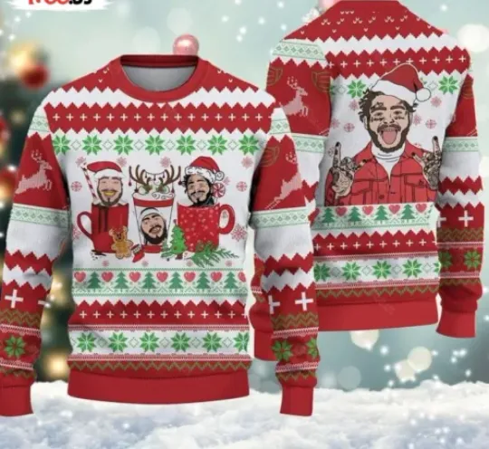 Post Malone Coffee Cups Ugly Christmas Sweater Ghost Malone Music Ugly Sweater