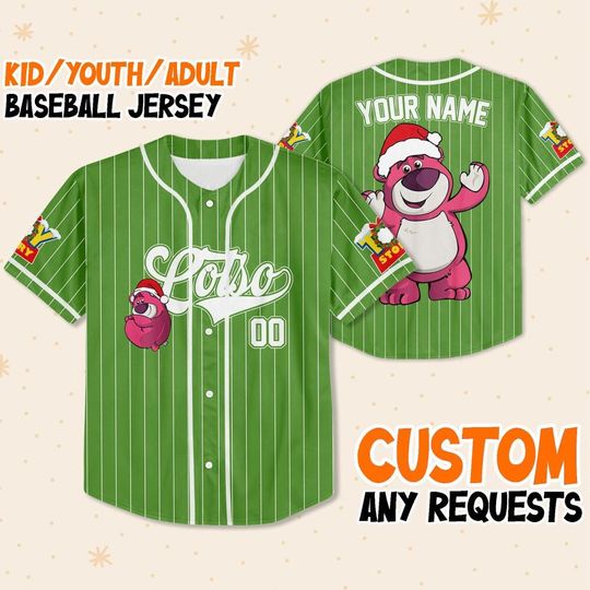 Custom Lotso Toy Story Christmas Green, Custom Kids Youth Adult Disney Baseball Jersey Sports Outfit Cute Gift For Fan Disney Toy Story Fan