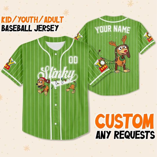 Custom Slinky Dog Toy Story Christmas Green, Custom Kids Youth Adult Disney Baseball Jersey Sports Outfit Cute Gift Fan Disney Toy Story Fan