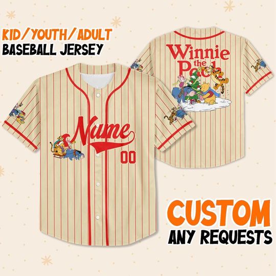 Custom Pooh And Friend Christmas, Custom Kids Youth Adult Disney Baseball Jersey Sports Outfit Cute Gift For Fan Disney Winnie The Pooh Fans
