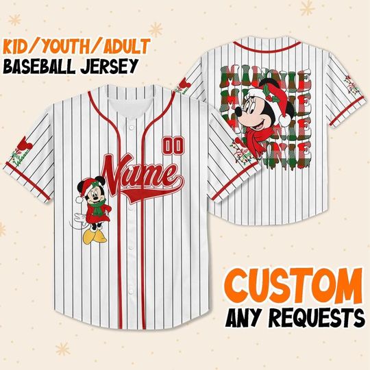 Personalize Minnie Xmas, Disney Christmas Baseball Jersey Team Kids Youth Adult Mickey and Friends Jersey Disneyland Christmas Birthday Gift