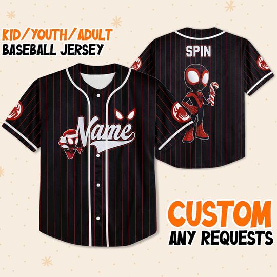 Custom Spin Christmas, Kid Youth Adult Christmas Jersey Gift, Disney Baseball Jersey Birthday Gift Fan Spidey and Miles Morales Friends