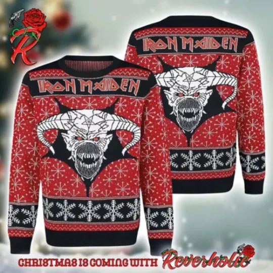 Iron Maiden Eddie The Head Satan Head With Snowflakes Ugly Christmas Sweater