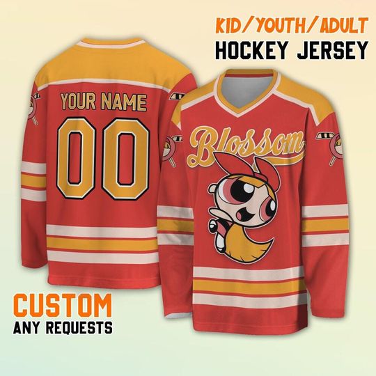 Personalize The Powerpuff Girls Blossom Red Hockey Jersey, Custom Blossom Hockey, Christmas Hockey Jersey Team, Custom Team Hockey Gift