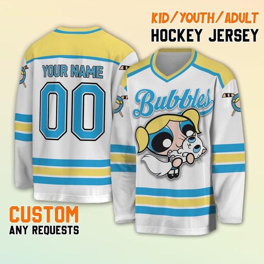 Personalize The Powerpuff Girls Bubbles Hockey Jersey, Custom Bubbles Hockey, Bubbles Hockey Jersey Team, Custom Team Hockey Gift