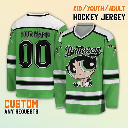 Personalize The Powerpuff Girls Buttercup Green Hockey Jersey, Custom Buttercup Hockey, Buttercup Hockey Jersey, Custom Team Hockey Gift