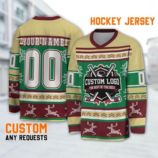 Custom Amazing Christmas Ugly Pattern Maroon Green Hockey Jersey , Custom Logo Jersey Chrismas, Hockey Sports Xmas, Team Uniform
