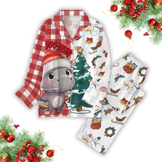 Moo Deng Christmas Pajamas Set, Cute Baby Hippo Shirt, Funny Baby Pygmy Hippo Gifts, Cute Women Pajamas, Holiday Gift, Xmas Costume