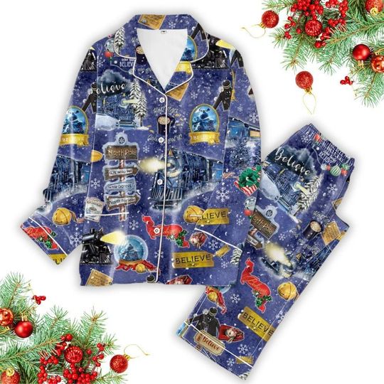 The Polar Express Christmas Pajamas Set, Xmas Long Sleeve Pajamas, North Pole Believe Movie Shirt, Holiday Sleepwear, Christmas Gift