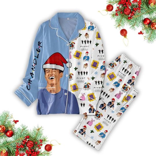Christmas Friends Chandler Bing Pajamas Set, Friends TV Series Shirt, Sitcom Shirt, Holiday Women Pajamas, Funny Long Sleeve Pajamas