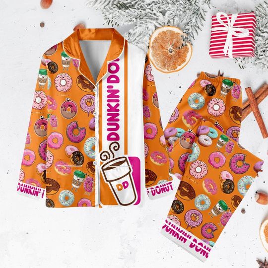 Christmas Dunkin Donut Pajamas Set, Dunkin Donut Shirt, Cute Drink Women Pajamas, Funny Dunkin Coffee Shirt, Donut Women Gift
