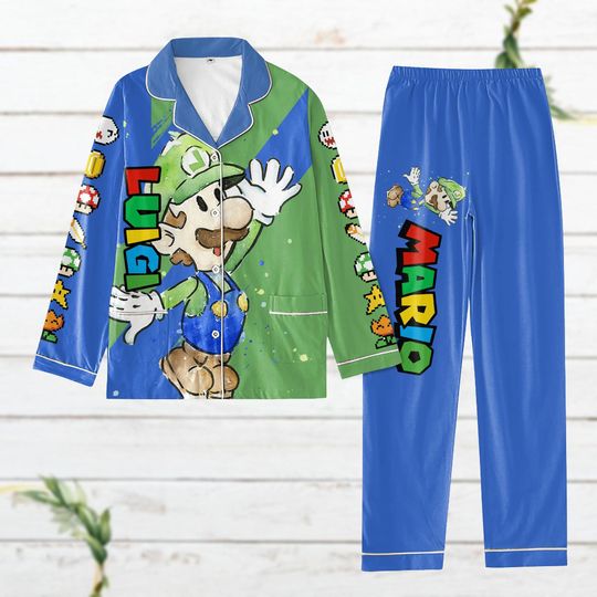 Christmas Mario Luigi Pajamas Set, Super Mario Pajamas Family, Luigi Costume Shirt, Cute Mario Holiday Pajamas, Video Game Fan Gift
