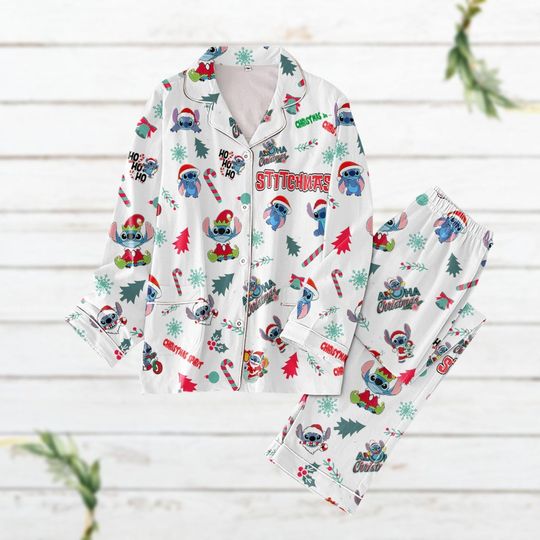 Christmas Stitch Pajamas Set, Disney Trip Shirt, Lilo And Stitch Pajamas For Party, Blue Dog Holiday Pajamas, Disneyland Costume Gift