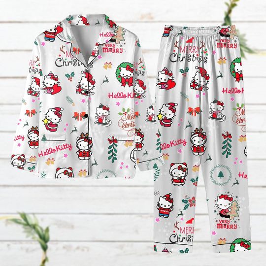 Christmas Hello Kitty Pajamas Set, Kitty Cat Holiday Pajamas, Cute Kawaii Kitties Shirt, Hello Kitty Matching Pjs, Gift For Her