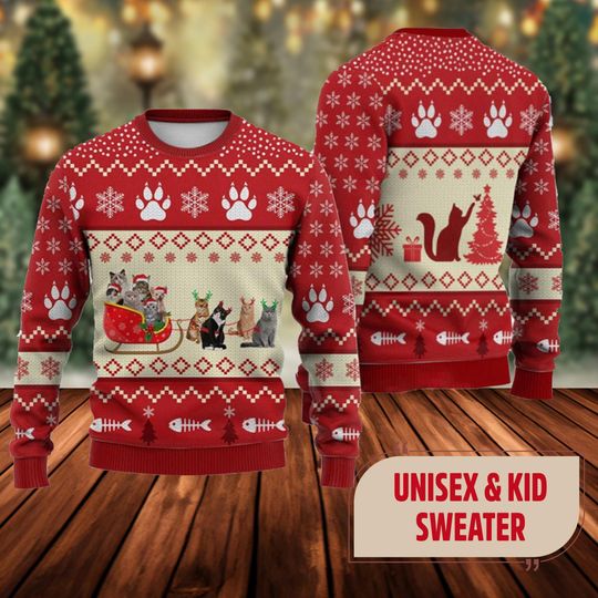 Cat Reindeer Ugly Christmas Sweater, Funny Cat Xmas Sweatshirt, Santa With Reindeer Cat Xmas Sweater, Christmas Gift For Men Women Kid