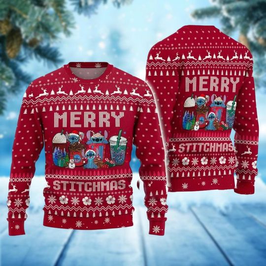 Stitch Coffee Ugly Christmas Sweater, Merry Stitchmas Funny Xmas Sweater, Disney Stitch Christmas Sweatshirt, Xmas Party Gift