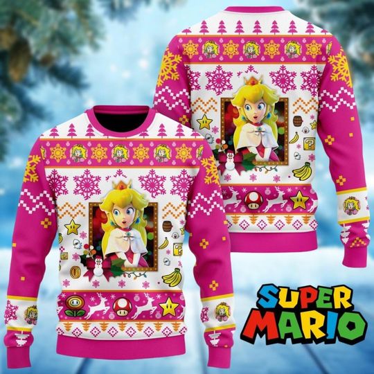 Princess Peach Ugly Christmas Sweater, Super Mario Bros Xmas Sweater, Video Game Holiday Sweater, Sweater For Women, Xmas Gift