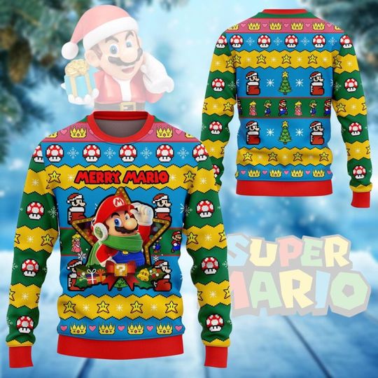 Super Mario Christmas Pajamas, Merry Mario Pajamas Set, Video Game Characters Holiday Pajamas, Christmas Tree Shirt, Funny Sweater